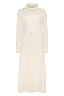 Cream High Neck Belted Dress