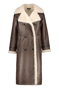 Brown Shearling Longline Aviator Coat