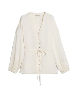 Cream Satin Button Through Tie Waist Blouse