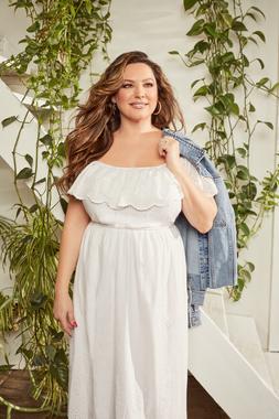 Kelly Brook in White Bardot Broderie Midi Dress