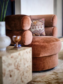 AHEAD OF THE CURVE - The FitzroviaAccent Swivel Chair in Luxury Chenille Rust All Over Without Trim, £729.