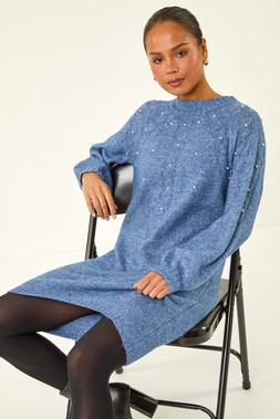 Roman Petite Blue Embellished Faux Pearl Knit Dress