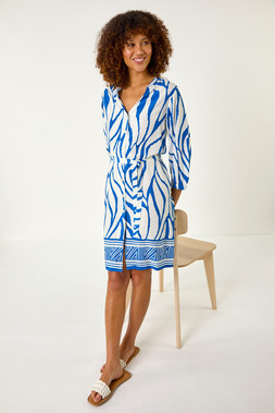 Roman Royal Blue Abstract Border Tie Shirt Dress
