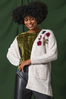 Roman Ivory Embroidered Floral Knit Cardigan