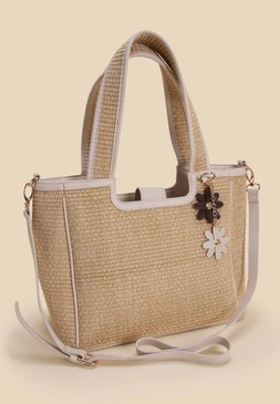 Womens Neutral Straw Tote Charm Bag
