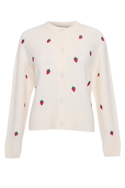 Cream Strawberry Embroidery Crew Neck Cardigan