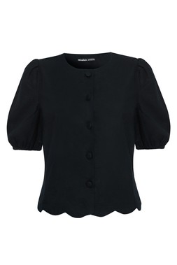Black Linen Blend Puff Sleeve Top