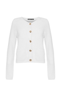 White Patch Pocket Crew Neck Cardigan