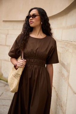 Chocolate Brown Elasticated Waist Cotton Poplin Midi Dress