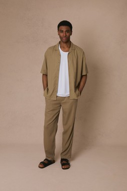Dark Stone Relaxed Fit Linen Blend Revere Collar Short Sleeve Shirt