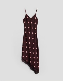 Satin Lace Trim Maxi Dress in Burgundy Polka Dot