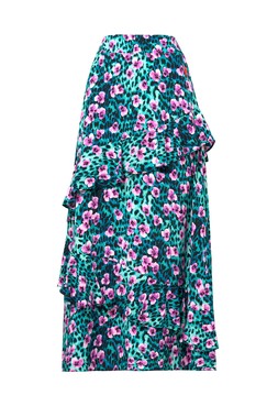 Turquoise Paradise Cheetah Ruffle Detail Midi Skirt