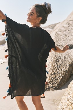 Pelia Embroidered Tassel Mini Kaftan Black