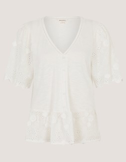 Freya V-Neck Floral Broderie Top Ivory
