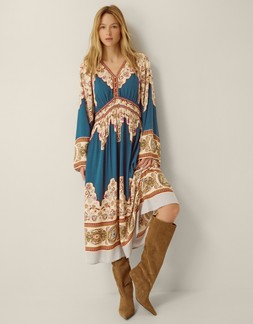 Alexandra Floral Print Boho Midi Dress Teal