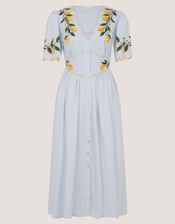 Marisol Lemon Embroidered Stripe Midi Dress Blue