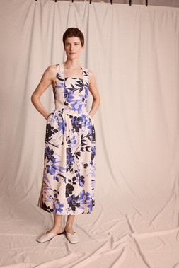 Nicolette Floral Linen Blend Midi Dress Blue